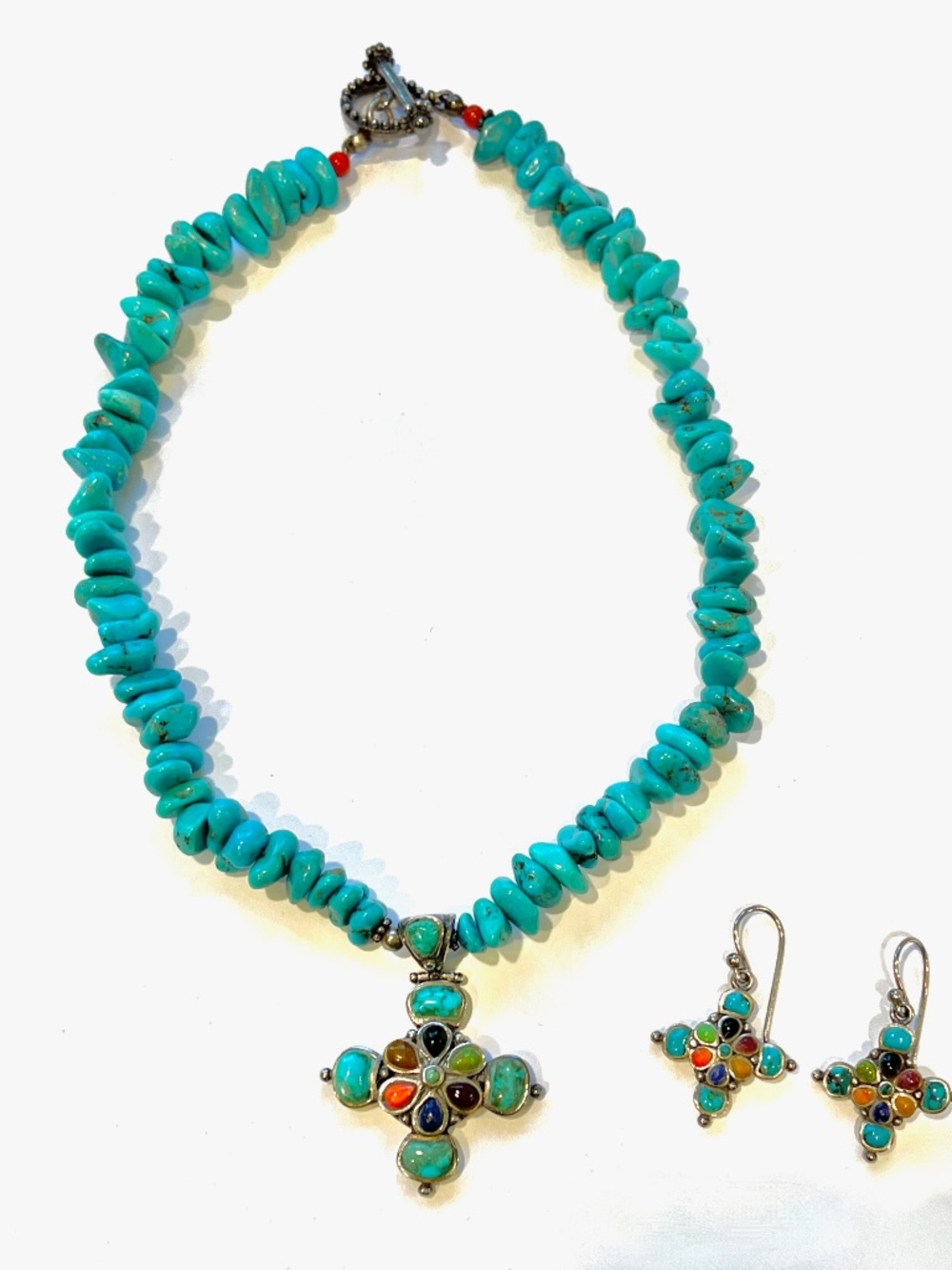 Vintage USA BARSE 925 Sterling Silver TURQUOISE & GEMS Cross Necklace & Earrings